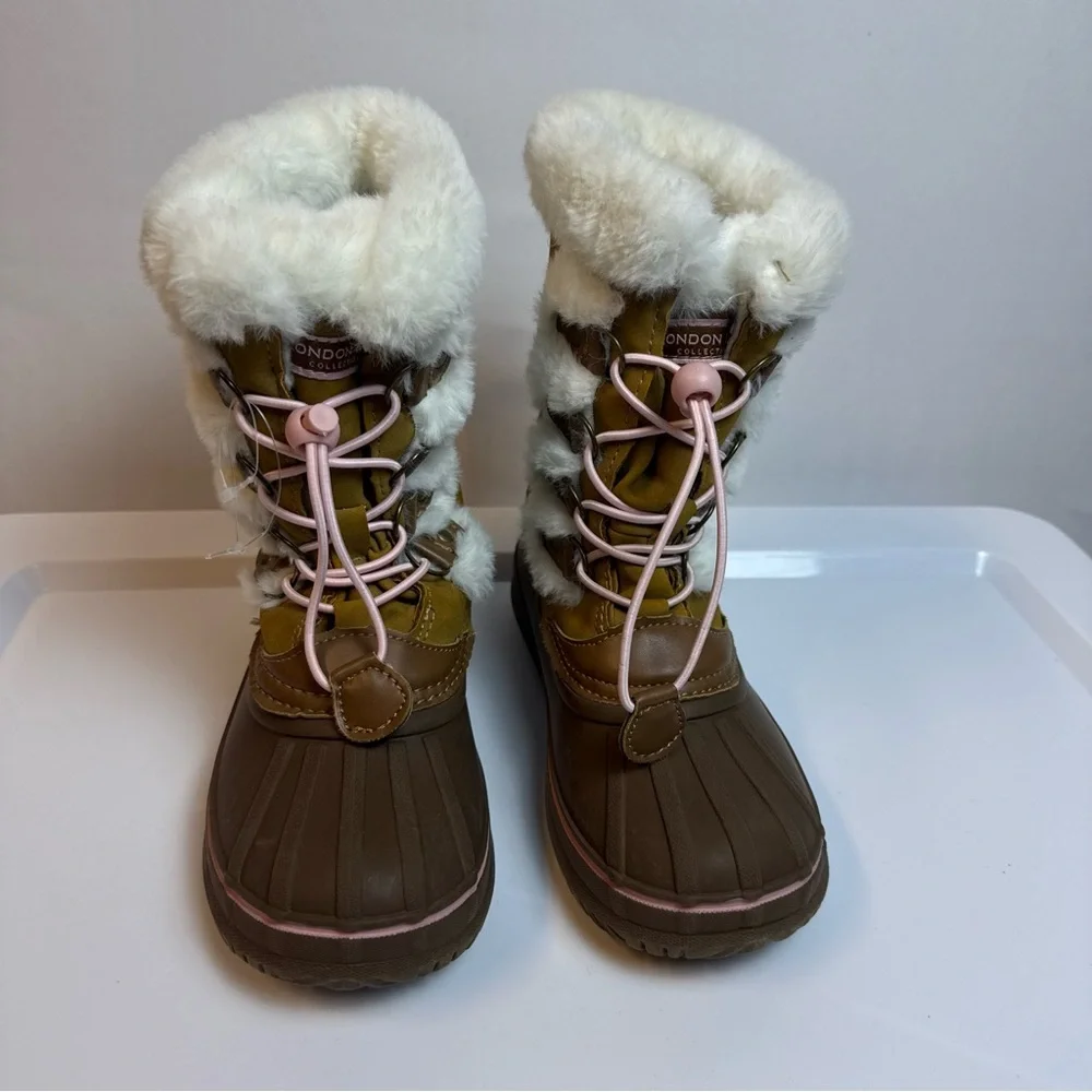 London Fog Kids Brown SnowBoots‎ w/ Pink Accents sz 2 Faux Fur Winter Outdoor